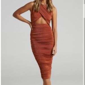 BRAND NEW Showpo Selina Ruched High Neck MIDI Dress - rust color, size US 4 AU 8